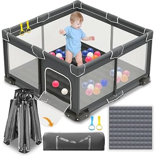 Foldable Playpen for Babies and Toddlers, 50x50 Portable Playpen with Mat, Kids Collapsible Play Pen with 2 Handlers, Indoor & Outdoor Baby Fence Play Area with Visible Mesh, Dark Gray