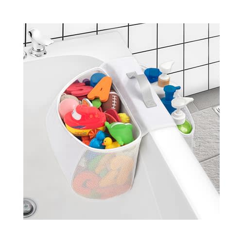 Saddle shape 2 Compartments Bath Toy Organizer, Easy Access for Children, Wide Opening Bath Toy Holder for Drying Toys and Storage, Mesh Shower Toy Holder and Bath Tub Toy Storage Organizer for Tub.