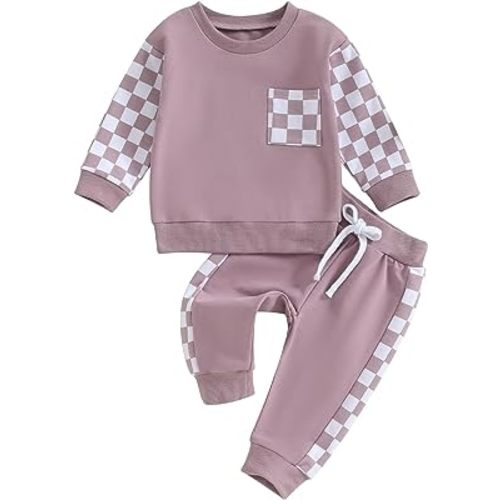BeQeuewll Baby Girl Clothes Fall Winter Outfits Long Sleeve Sweatsuit Checkboard Sweatshirt and Pants Toddler Infant Clothing