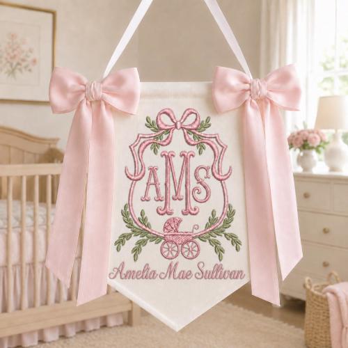 Custom Baby Banner For Hospital Door Sign & Nursery, Monogram Baby Announcement Banner, Embroidered Baby Name Banner for Baby Shower Gift