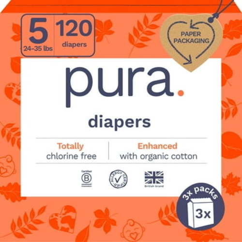 Pura Sensitive, Sustainable Baby Diapers Size 5, 120 Count, Soft & Eco-friendly