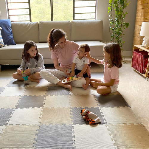 MioTetto Non-Toxic Foam Play Mat for Babies & Kids, Interlocking Puzzle Tiles, Cream-Gray-Beige, 18 Pieces – Perfect for Tummy Time, Crawling, Nursery, Playroom, or Gym