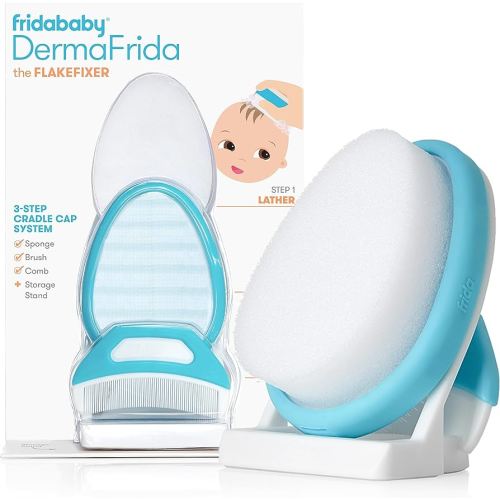 Frida Baby The 3-Step Cradle Cap System, DermaFrida The FlakeFixer, Sponge, Brush, Comb and Storage Stand for Babies with Cradle Cap, White-Blue
