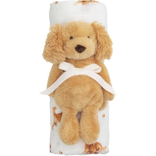 Mud Pie Golden Retriever Dog Baby Swaddle & Rattle Set