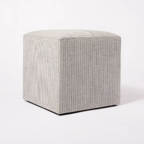 Lynwood Square Upholstered Cube Ottoman Tan/Navy Stripe - Threshold™ designed with Studio McGee: Polyester, Plywood Frame, No Assembly Required