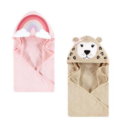 Hudson Baby Infant Girls Cotton Poly Animal Face Hooded Towel Bundle Set, Rainbow Leopard, One Size