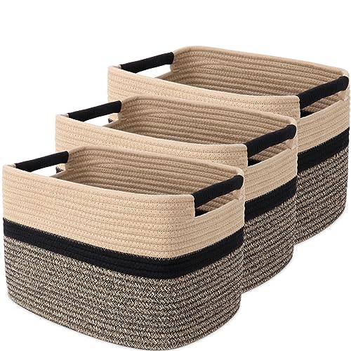 MicroIdeas 3 Pack Woven Rope Storage Baskets – Medium 13"x9.8"x9" Rectangular Cube Organizer Bin Set with Handles for Kids Room, Nursery, Bathroom, Closet – Decorative Boho Style – Black & Jute
