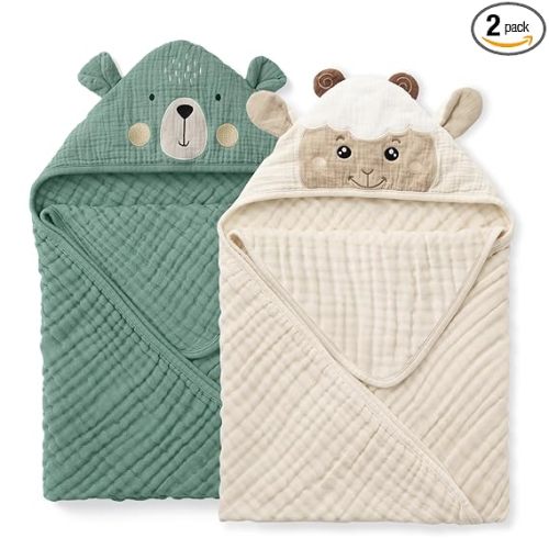 Blissful Diary Muslin Baby Hooded Towel 2 Pack, Soft & Absorbent Bath Towel for Infant, Toddler, Unisex, Baby Gift, Newborn Essentials, Bear & Lamb