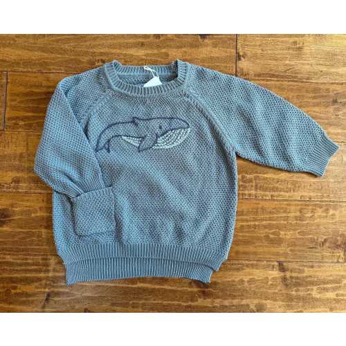Blue whale on gray chunky knit sweater hand embroidered size 3 months to 5T