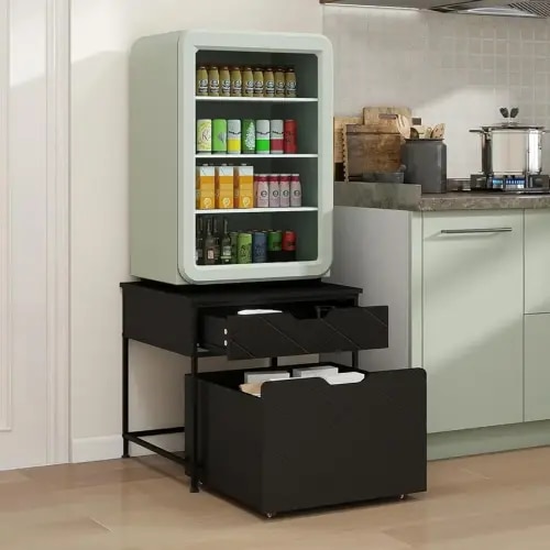 Mini Fridge Stand with Storage, 23x22 inches Mobile Beverage Refrigerator Stand, 2 Drawers 1 with 4 Fixed Wheels, 220 lbs Capacity Fridge Cart for Dorm, Coffee Bar