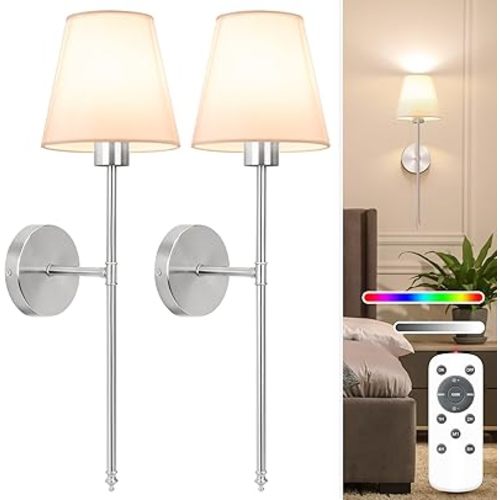 NIORSUN Battery Operated Wall Sconce Set of 2,Brushed Nickel Rechargeable Wall Lights with 5200mAh Dimmable Detachable Bulbs and Remote, 10 Colors Wireless Sconces for Bedroom Living Room Hallway
