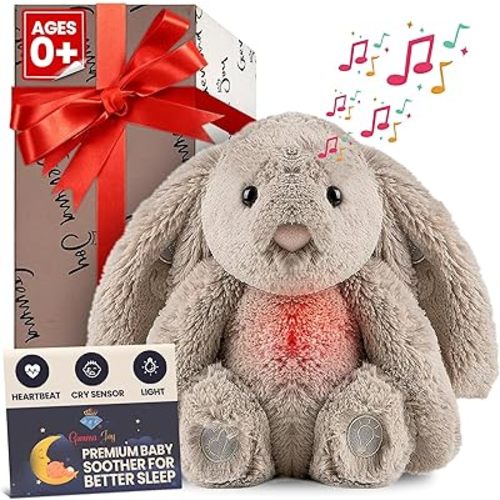 Gemma Joy Bedtime Baby Soothers for Sleep, Cry Activated Heartbeat Stuffed Animal for Baby, Newborn, Calming Light, Lullaby Music, White Noise, Shush and Mother’s Heartbeat - (Bunny, Non-Rechargeable)