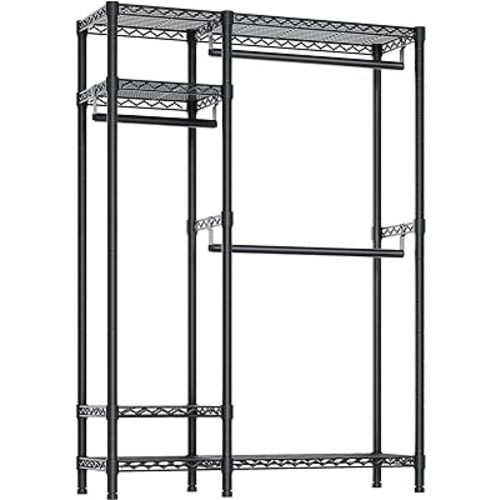 Garment Rack, Heavy Duty Clothing Rack with 4 Tiers Adjustable Shelves and 3 Hanging Rods, Freestanding Metal Clothes Rack, Black ZER-015