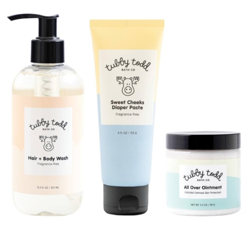 TUBBY TODD Baby Bundle Newborn Skin Care Set - Hypoallergenic Hair + Body Wash, All Over Ointment with Colloidal Oatmeal, Sweet Cheeks Diaper Paste - Fragrance Free, Standard Size