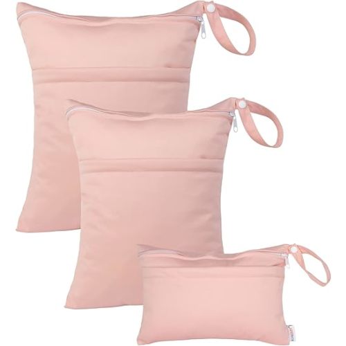 ALVA ALVABABY 3pcs Baby Cloth Diaper Wet/Dry Bags|Waterproof Reusable with Two Pockets|Travel, Beach, Pool, Daycare, Soiled Baby Items,Yoga,Gym Bag for Swimsuits or Wet Clothes Pink