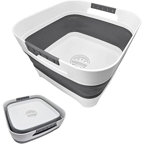 2.4 Gal (9L) Collapsible Dish Basin with 2 Drainage Plugs - Foldable Sink for Kitchen, Camping, RV | Space-Saving Multifunctional Wash Basin for Veggies, Dishes