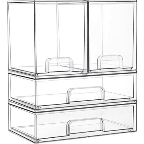 Vtopmart Clear Stackable Storage Drawers Set of 4, Plastic Organizer Bins for Makeup, Cosmetics, Beauty Supplies,Ideal for Vanity, Bathroom,Cabinet,Pantry Organization