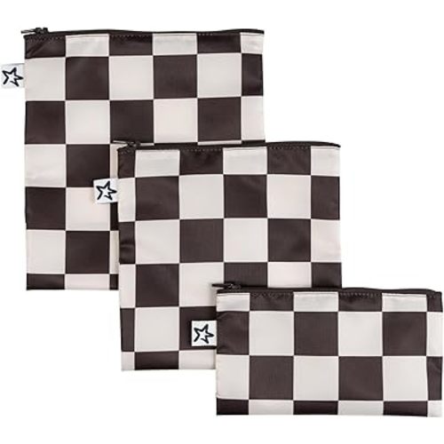 Tiny Twinkle 3 Pack Reusable Snack Bags - Machine Washable, PFAS, PVC, BPA, Phthalate-Free Reusable Baby and Toddler Food Safe Snack Bags (Black Checkers)