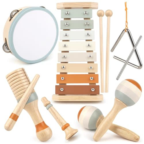 Musical Instruments - 6 in 1 Wooden Musical Toys for 2 3 Year Old Boy & Girls Birthday Gifts, Neutral Colors with Modern Boho Xylophone for Toddler Preschool Educational Toy for Baby 18+ Months