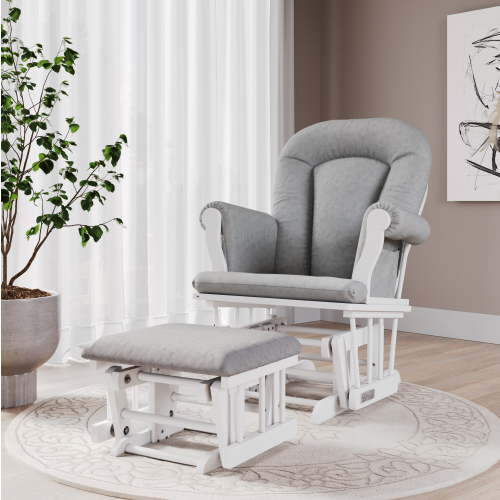 Forever Eclectic by Cozy Glider and Ottoman in Matte White Finish with Light Gray Cushion