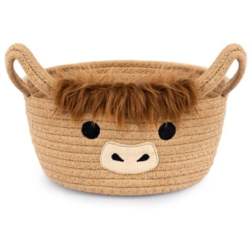 Highland Cute Cow Basket for Nursery, Small Shower Gift Basket, Round Woven Rope Cotton Storage, Baby Blanket 0rganizer with Ears Handles, Blanket Towel Decor Storage Bins, 10.7"D x 4.4"H in