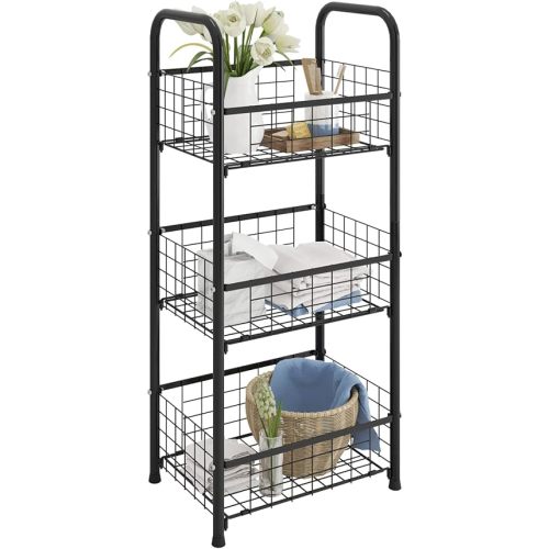 3-Tier FreeStanding Open Shelf,Bathroom Organizer Shelves Unit with Adjustable Feet, Metal Steel Storage Tower Organizer Rack Basket Cart for Bathroom, Living Room, Balcony, Kitchen
