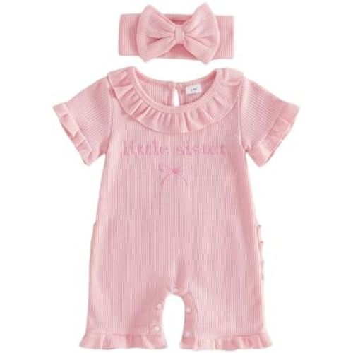 Bagilaanoe Newborn Baby Girl Short Sleeve Romper Jumpsuit 3 6 9 12 Months Little Sister Summer Outfit Waffle Clothes