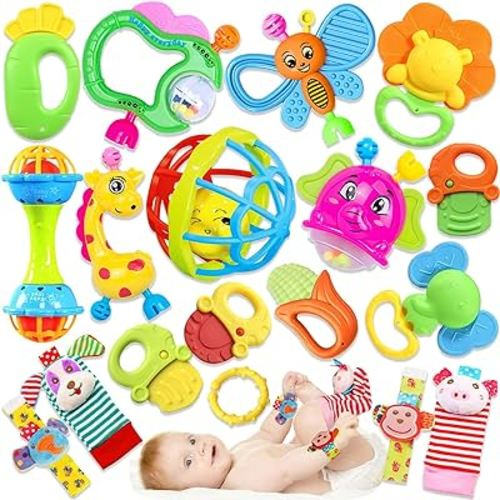 Baby Rattles Toys for 0-6 Months - 18 PCS Infant Toys 0-3 Month Old Baby Boy Girl Gifts Set with Teething and Wrist Socks Rattle Infant Newborn Sensory Toy
