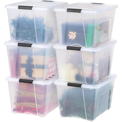 IRIS USA 54 Quart Stackable Plastic Storage Bins with Lids and Latching Buckles, 6 Pack - Clear, Containers with Lids and Latches, Durable Nestable Closet, Garage, Totes, Tubs Boxes Organizing