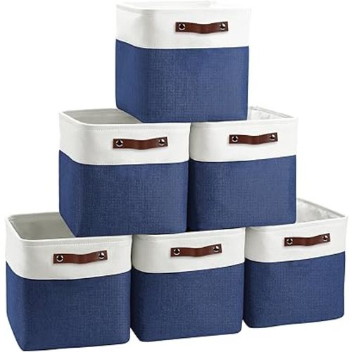 Cube Storage Baskets 6 Pack, 11x11 inch Foldable Cube Storage Bins with Leather Handles for Shelf Closet Nursery Toys (White/ Blue)