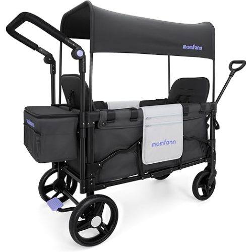 Double-Seater Baby Wagon with Canopy, Push Pull Stroller with Adjustable Handle, Wagon Stroller for 2 Kids & Outdoor Adventures (Grey)