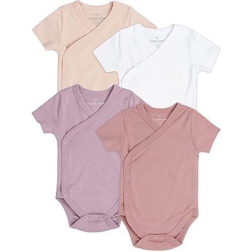 Baby Side Snap Bodysuit Set, 100% Cotton Boy Girl Unisex Kimono Onesie, 4 Pack
