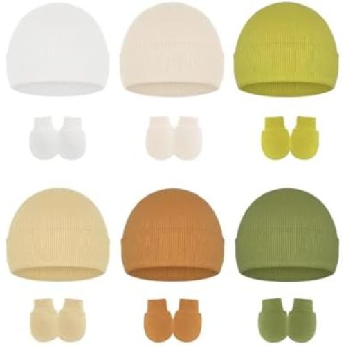 Stretchy Baby Hats and Mittens, Ribbed Neutral Newborn No Scratch Gloves Beanie Hospital Hat Set for Girls Boys