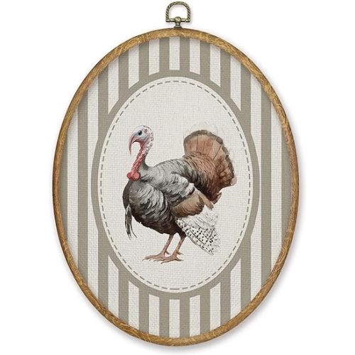 CGBHW Vintage Turkey Bird Oval Wall Art Decor, Rustic Farmhouse Canvas Prints Framed, Neutral Striped Turkey Wall Art Hanging Decor for Kitchen Home Bedroom Living Room, 8.6x11.4 Inch