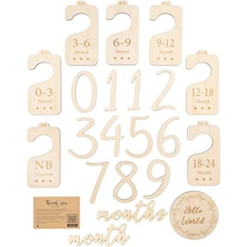 Wooden Baby Milestone Bundle - 7 Baby Closet Dividers for 0 to 24 Months, 11 Baby Monthly Milestone Numbers & Birth Announcement Sign, New Mom Gift Ideas