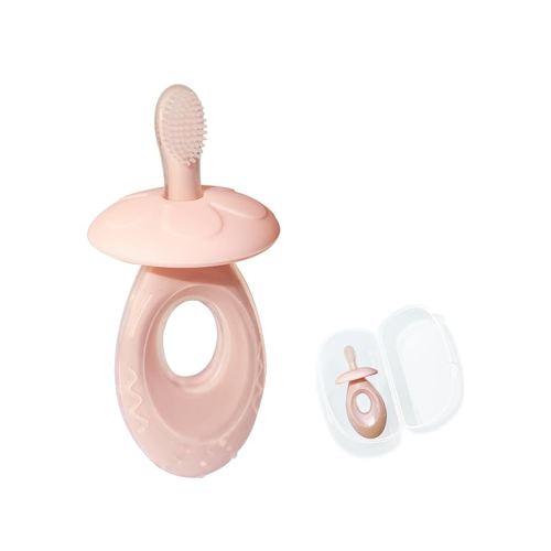 Baby Toothbrush & Teether for Infant and Toddler, Silicone Baby Oral and Tongue Cleaner, Ultra Soft Infant Training Toothbrush with Travel Case, Adjustable Safety Shield - Pink
