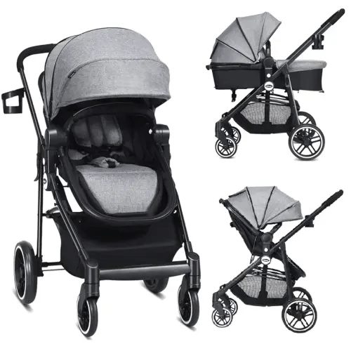 INFANS 2 in 1 Baby Stroller, High Landscape Infant Stroller & Reversible Bassinet Pram, Foldable Pushchair with Adjustable Canopy, Cup Holder, Storage Basket, Suspension Wheels (Volcanic Ash)