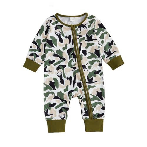 Vicaankue Hunting Newborn Baby Boy Clothes Duck Deer Camo Long Sleeve Zipper Romper One-Piece Jumpsuit Bodysuit Fall Outfit