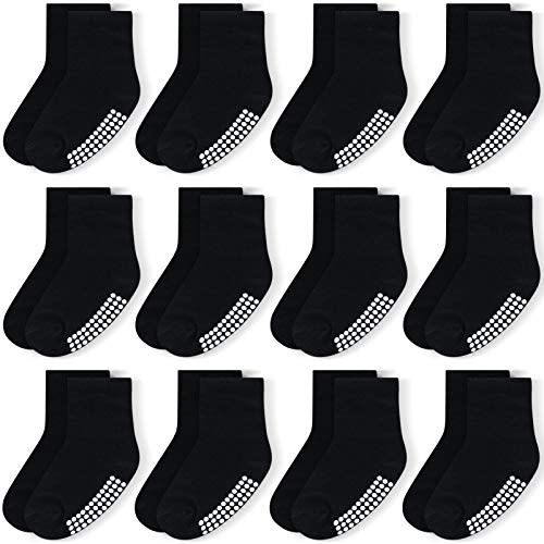 JAKIDAR 12 Pack Baby Toddler Socks Non Slip Grip Cotton Crew Socks for Boys Girls Infants Kids