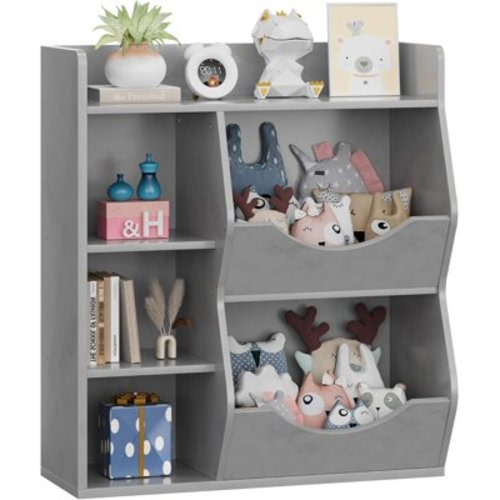 Garvee Kids Toy Organizer & Bookshelf, 3-Tier Wooden Toy Storage Cabinet with 5 Compartments, Kids Bookcase for Playroom, Nursery, Bedroom, School, Hallway, Gray