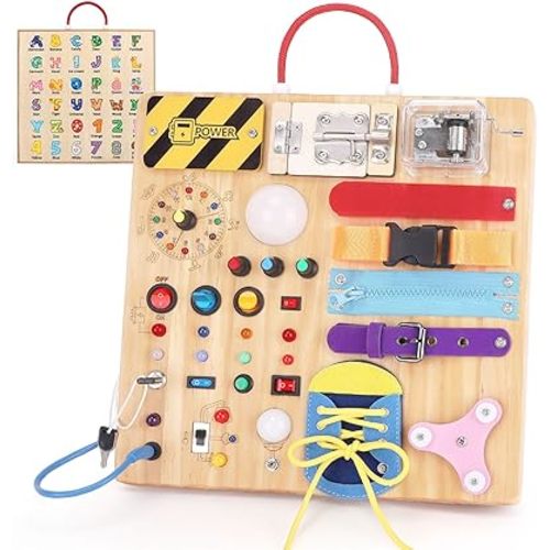 Toddler Busy Board,Montessori Toys for 1-3 Year Old Boys,Sensory Travel Toys,Preschool Learning Activities,Christmas & Birthday Gift for Toddler (Busy Board v3)