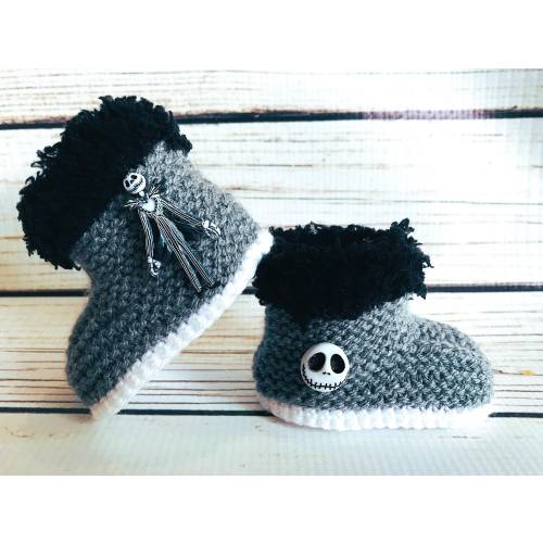 Hand Knitted Goth Baby Boots Booties Christmas Skull Skelton Emo Punk Clothes Shoes Black Grey Alternative Gothic Halloween Spooky Gift 0-12