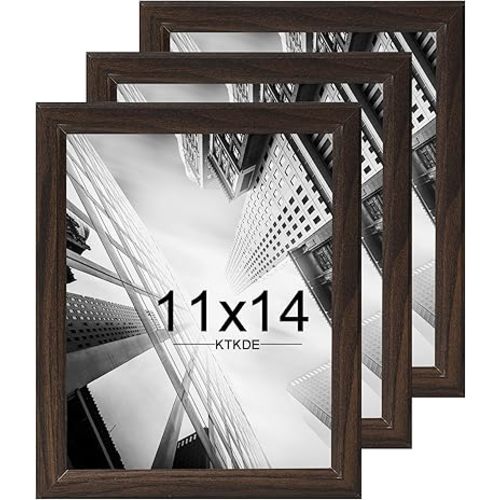 KTKDE 11x14 Picture Frame Set of 3,Walnut Wooded Shatter Resistant Glass, Vertical & Horizontal Wall Hanging for Wall Display,Studio Gallery Photo Frame for Photos, Posters & Art Prints