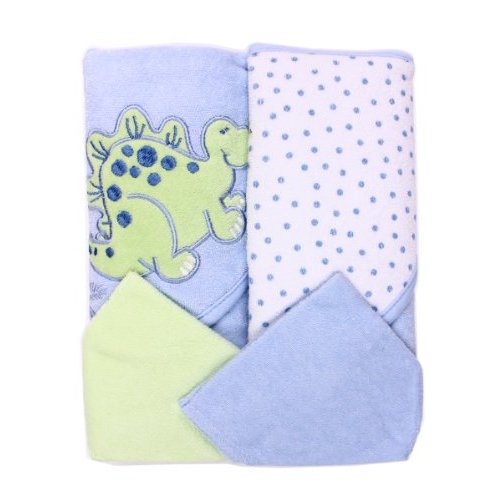 Spasilk Hooded Terry Bath Towel with Washcloths, Dino Blue, 2-Count