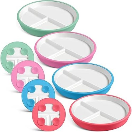 Domensi 8" Porcelain Kids Plates with Anti-slip Silicone Sleeve White Divided Porcelain Plates with Suction for Toddler Microwave Dishwasher Friendly(Red, Blue, Rose, Green,4 Pcs)