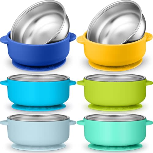 Nuogo 6 Pcs 304 Stainless Steel Baby Bowls with Removable Silicone Shell Toddler Bowls Kids Anti Scald Snack Container for Food Feeding, Dishwasher Safe(Blue Series Color,Suction-a)