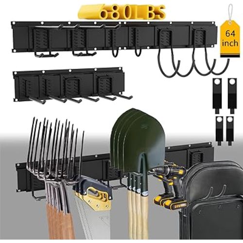 64'' Garage Tool Organizer Wall Mount - Heavy Duty 680 lbs Capacity Tool Rack with 10 Adjustable Hooks, Wall Mounted Storage System for Garage, Shed, Workshop (Black)