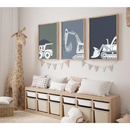 Construction Truck Wall Art Decor Toddler Boys Room Canvas Wall Art Tractor Vehicle Posters Dump Truck Wall Art Kids Bulldozer Pictures Nursery Prints for Boys Bedroom 16x24 Inch Unframed Set of 3