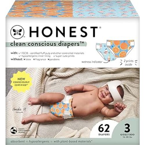 The Honest Company Clean Conscious Diapers | Plant-Based, Sustainable | Orange You Cute + Feeling Nauti | Club Box, Size 3 (16-28 lbs), 62 Count