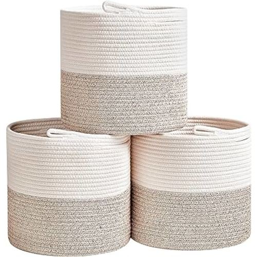 Storage Cube Bins - 3 Pack - Nursery Baskets for Organizing | 11"x11"x11"- Rope Basket for Stylish Storage -Storage Bins for Cube Organizer | White & Beige